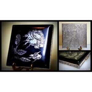 Vintage black and silver etched inset old mirror compact bakelite? plastic?